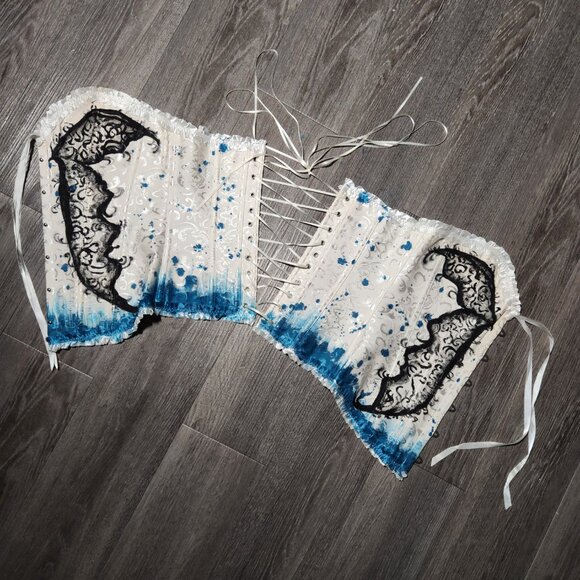 Butterfly on white romantic lace-up boned overbust sweetheart  corset bustier - Picture 7 of 7